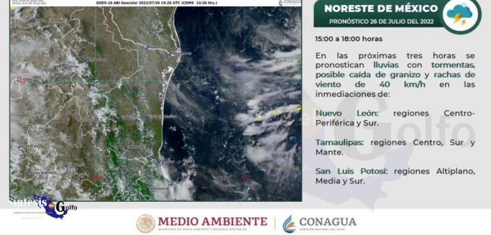 Alerta SMN por tormentas eléctricas para el Centro y Sur de Tamaulipas.